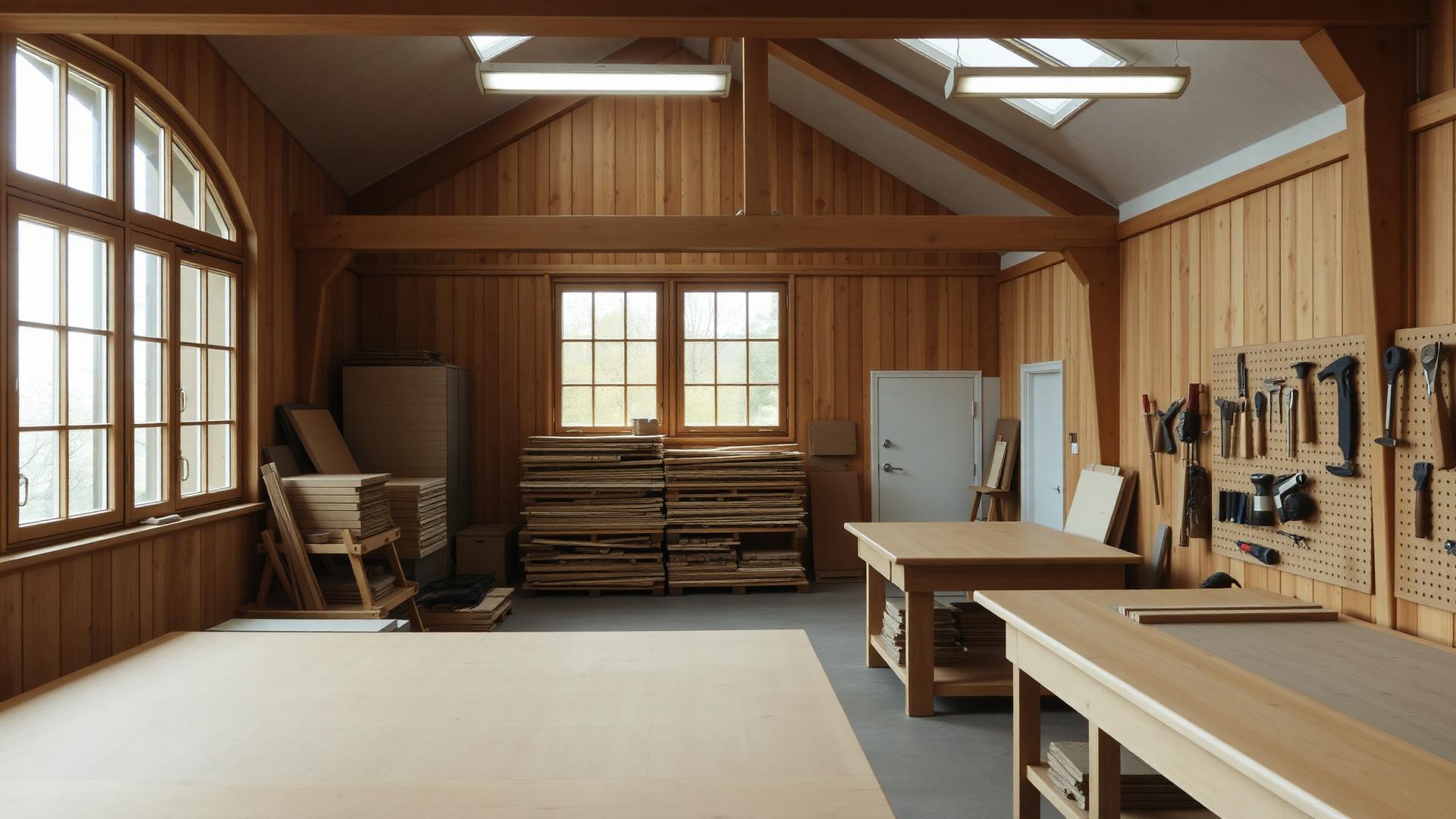 Werkstatt von Holzwerk Zürich mit Holzstapel und Werkbänken