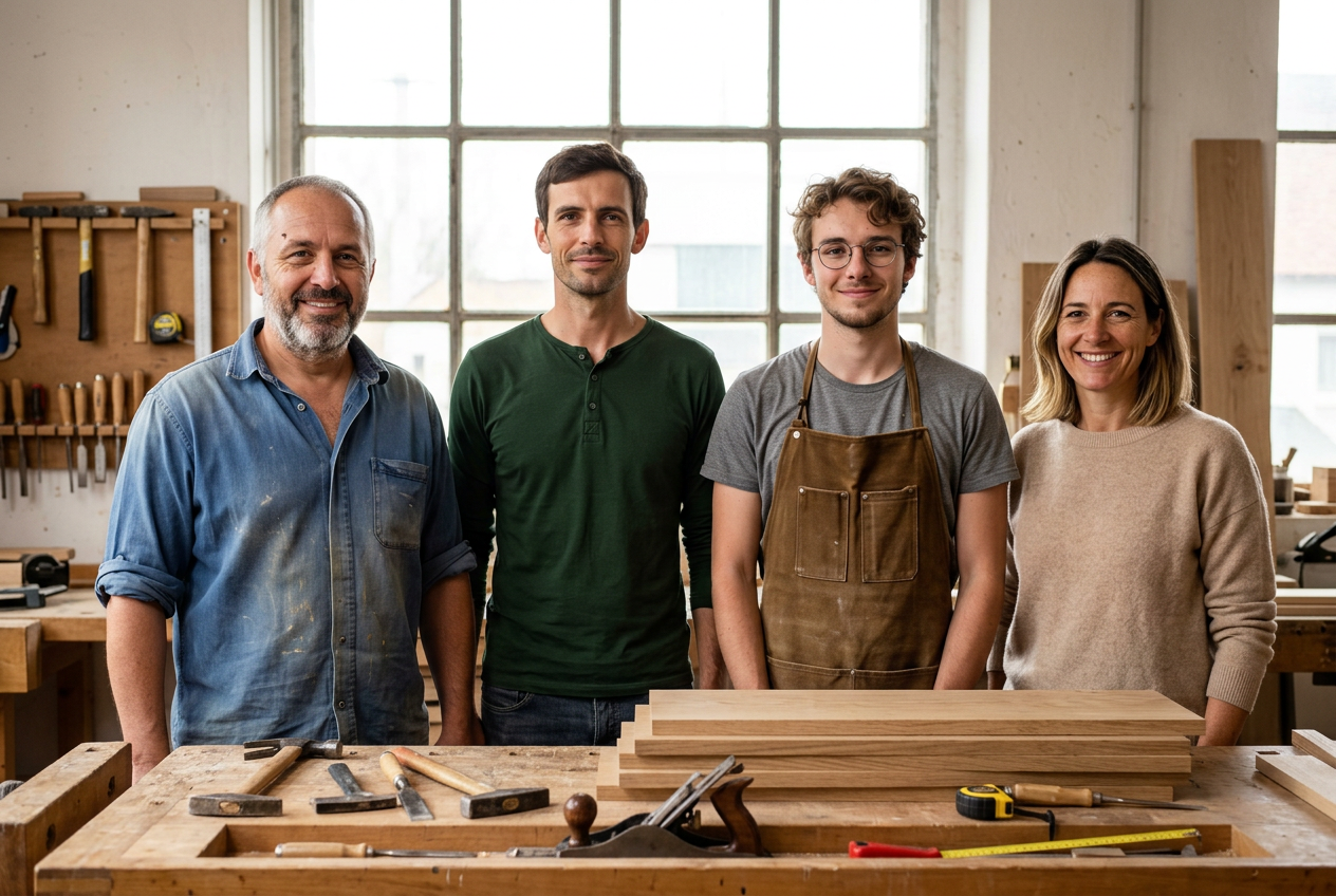 Das Team von Holzwerk Zürich vor der Werkstatt